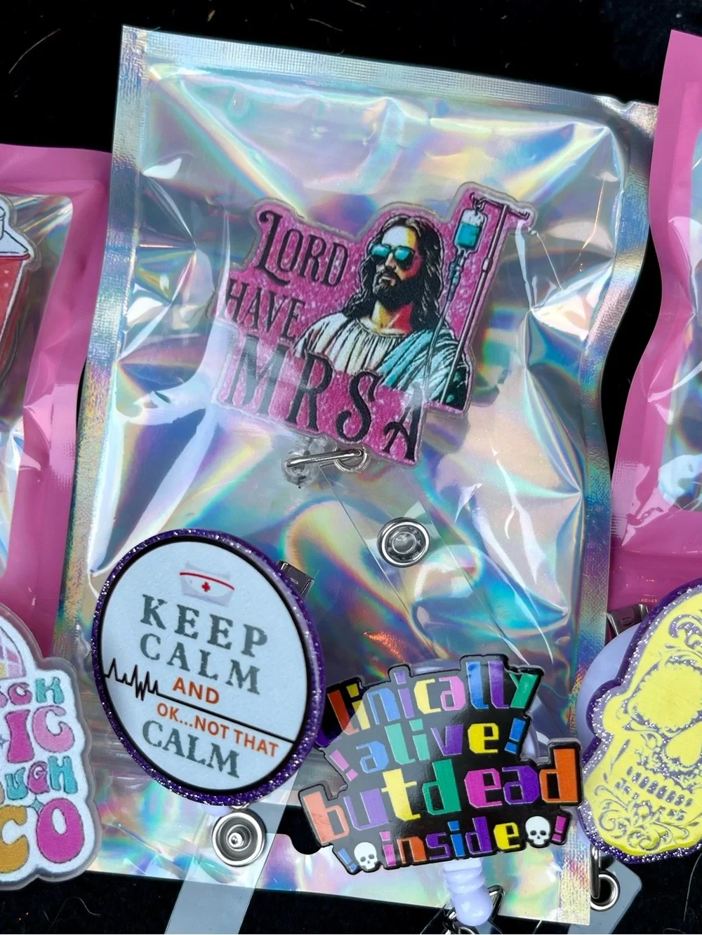 Holographic Nurse Badge Reel with Pink Accents set of 7 new badge reels